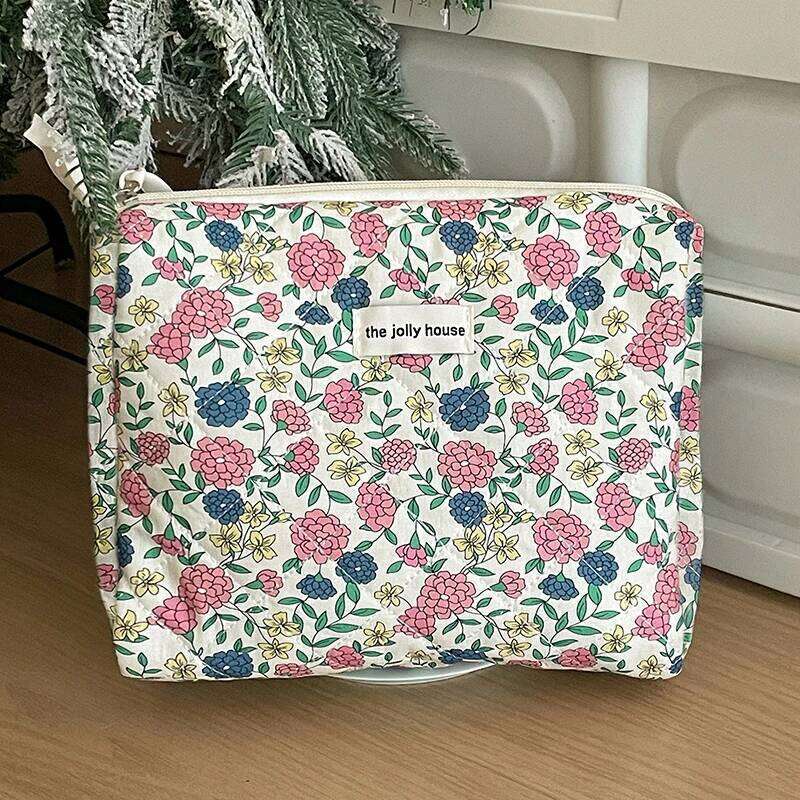 New Women Vintage Flower Cosmetic Storage Handbag Portable Makeup Organizer Cotton Bags Rose Printed Fashion Ladies Make Up Bag Y260206