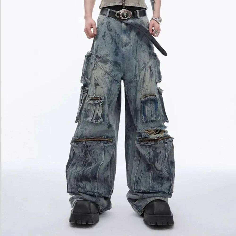 Autumn new multi-pocket work jeans American retro fashion trend high street hip-hop loose casual niche men's bottoms X260207 - view 3
