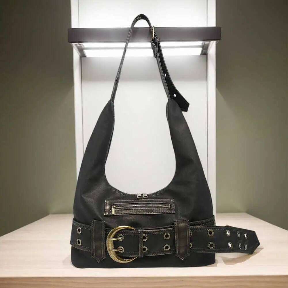PU Leather Y2k Shoulder Adjustable Strap Belt Buckle Handbag Solid Color Motorcycle Commute Travel Shopping Tote Bag Y260205