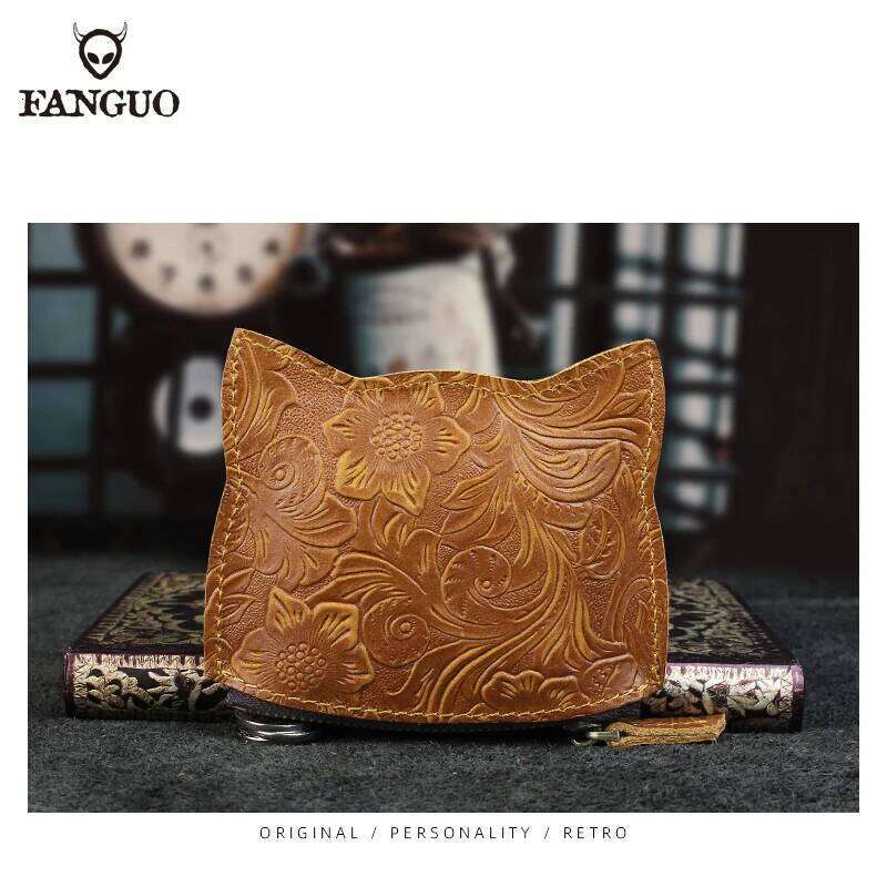 Handmade Genuine Leather Coin Purse Small Mini Slot Pocket Money Bag Cute Cat Portable Organizer Key Card Wallet Y260206