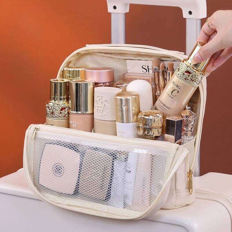 Portable Waterproof Cosmetic Bag Women Stylish Cream Color Makeup Case with Zipper, Transparent Mesh Compartment for Travel Y260206