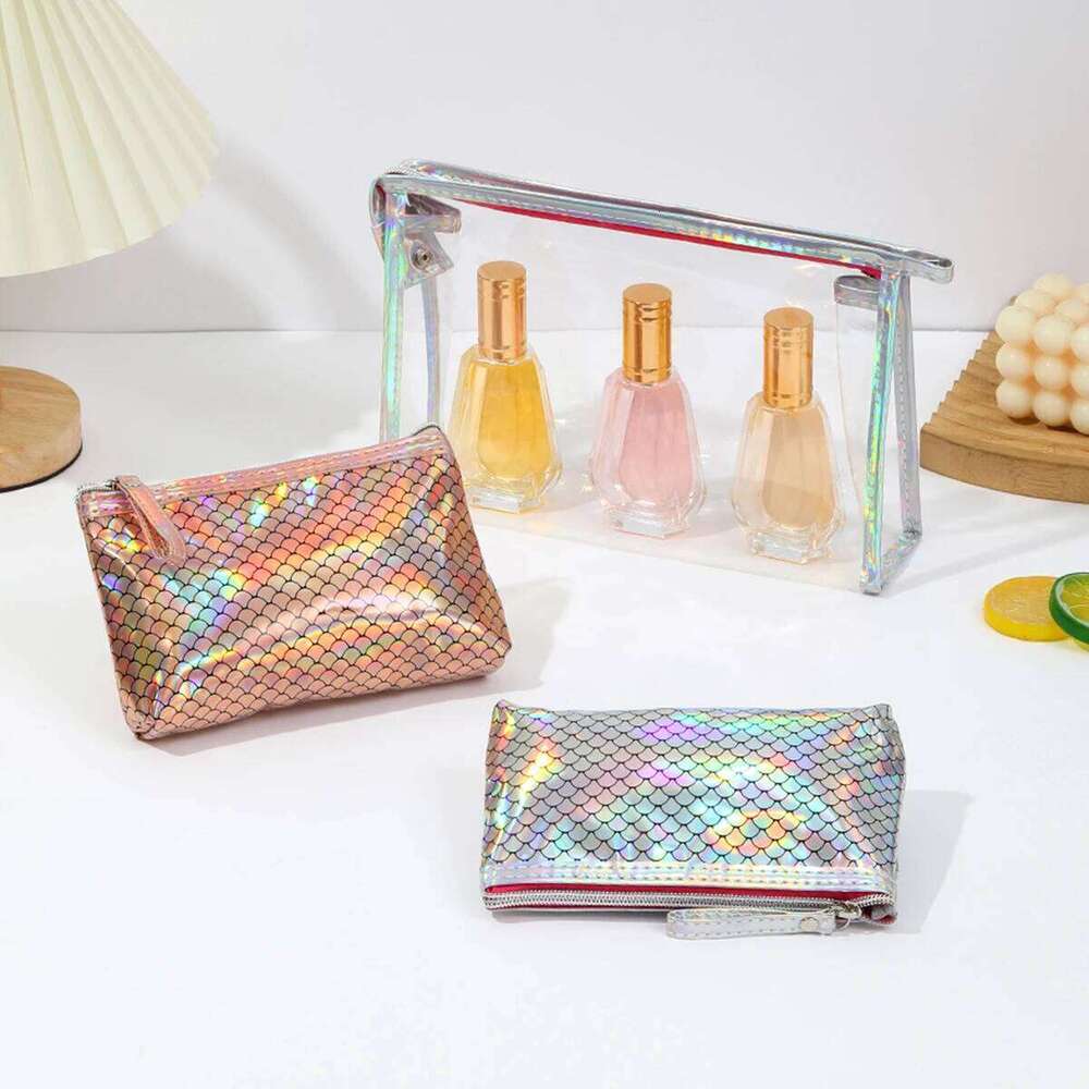 New two-piece waterproof PVC cosmetic Laser fish scale storage and grooming Multi functional women's makeup bag Y260206
