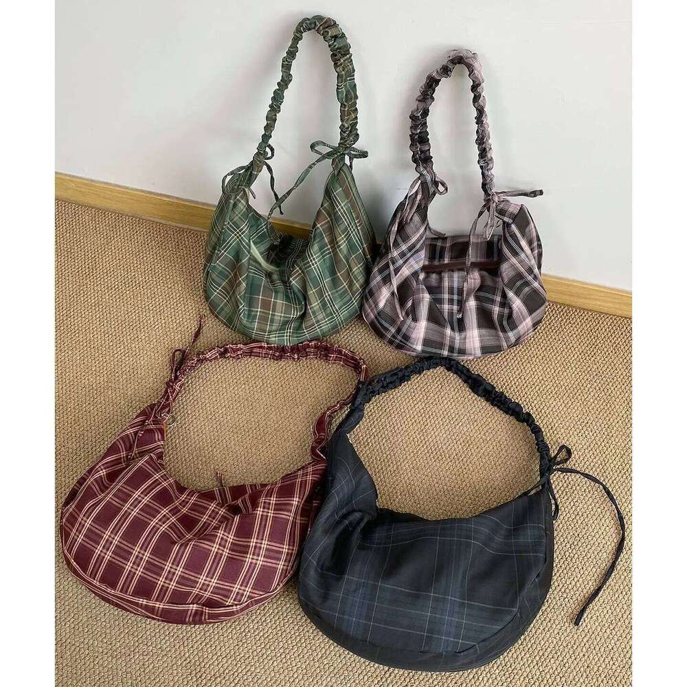 Autumn Vintage Plaid Shoulder Bags for Women Large Capacity Ladies Underarm Crossbody Bag Casual Girls Drawstring Tote Handbag Y260205