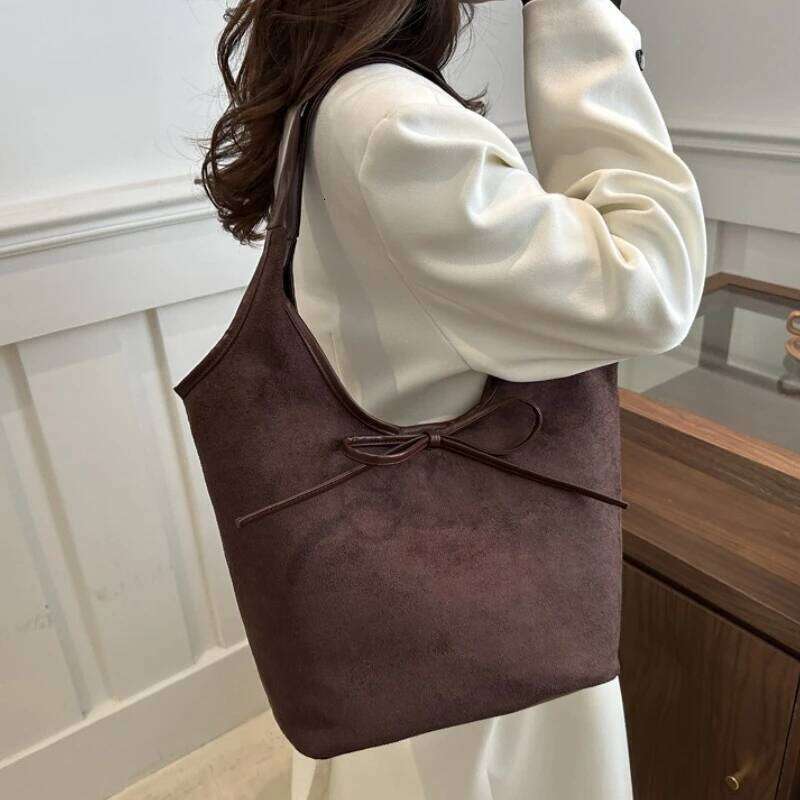 French Retro Bow Underarm Shoulder New Large Capacity Casual Bucket Bag, Frosted Texture Hand-held Women's Bags Y260205