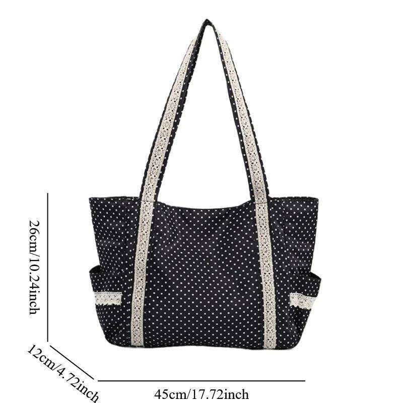 Korean Vintage Canvas Shoulder Women Cute Lace Large Capacity Tote Multi Pocket Handbag Fashion Round Dot Underarm Bag Y260205