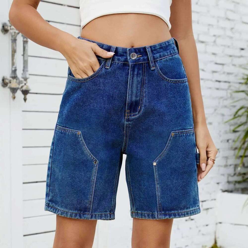 Straight Pants Women Denim Shorts Vintage Jeans Knee Length Trousers Mid Waist Washed Distressed Pockets 2025 Female Streetwear XJ260206