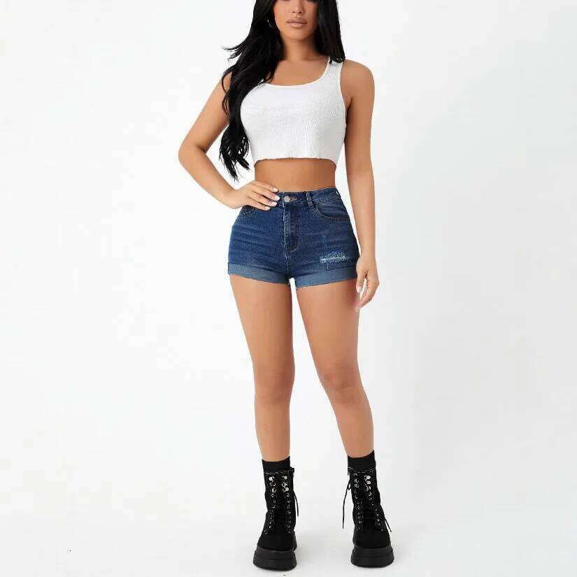 Women Summer Denim Shorts High Waist Stretch Ripped Hole Skinny Pockets Jeans Short Pants XJ260206