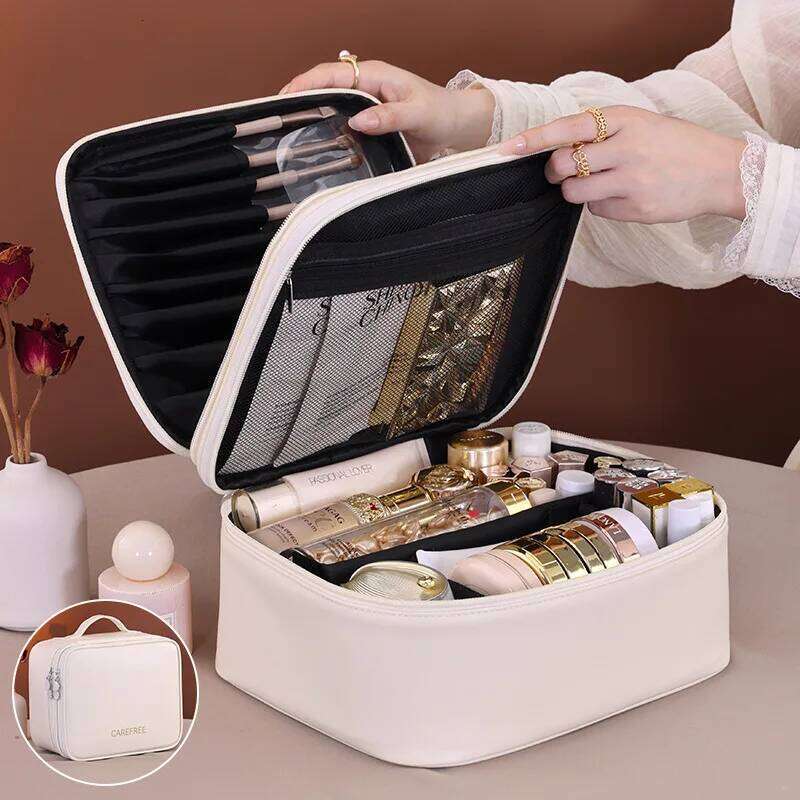 New Double-Layer Four-Zone PU Large Cosmetic Bag for Women, Portable, High-End, Large-Capacity Makeup Organizer Box Y260206