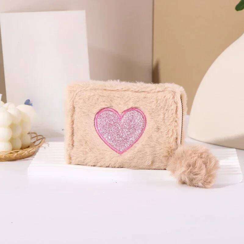 Girls Cute Plush Heart Print Children's Zipper with Holder Clutch Bag Mini Purse Coin Pouch Card Wallet Y260206