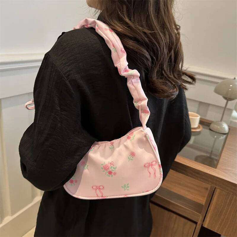 2025 Summer Women Underarm Bags Canvas Pleated Drawstring Purse Aesthetic Floral Bow Design Y2K Pretty Fashion Shoulder Handbags Z260207 - view 3