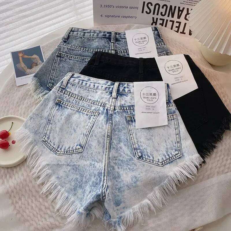 Button Tassel Edge Denim for Women's Summer High Waisted Gradient Wide Leg Pants Jeans Y2k Shorts XJ260206