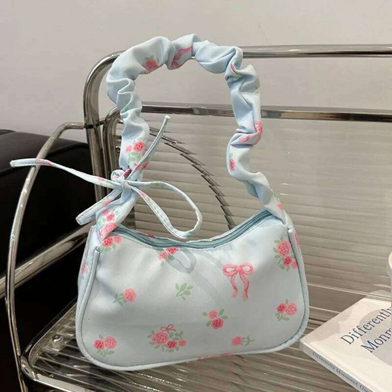 2025 Summer Women Underarm Bags Canvas Pleated Drawstring Purse Aesthetic Floral Bow Design Y2K Pretty Fashion Shoulder Handbags Z260207 - view 7