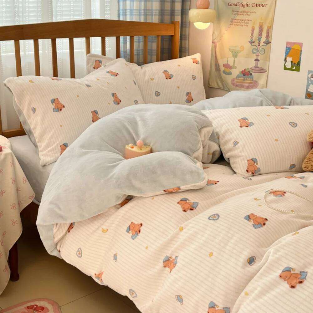 Printed Thicken Milk Coral Fleece Bedding Winter Comfort Warm Bedroom Decor Quilt Cover Bed Sheet Pillowcase Four-Piece Set XJ260206