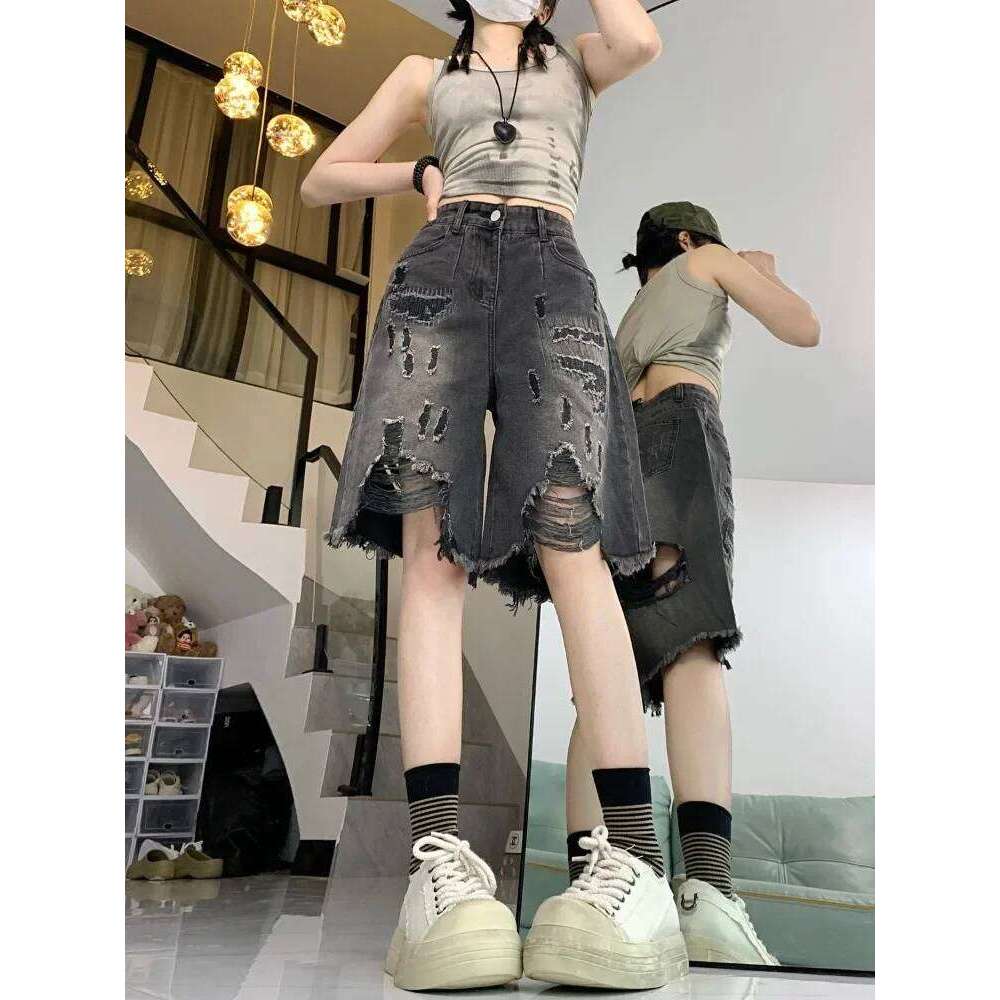 American Vintage Hole Denim For Women Summer High Waist Wide Leg Shorts 2025 New Loose Straight Five-point Pants XJ260206