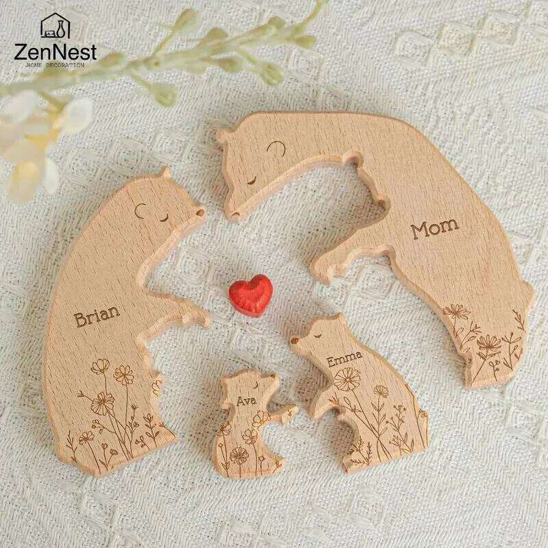 Artistic Wooden Little Bear Family Personalized Name Puzzles, Thanksgiving Christmas Gifts, Home Tabletop Decorations S260204