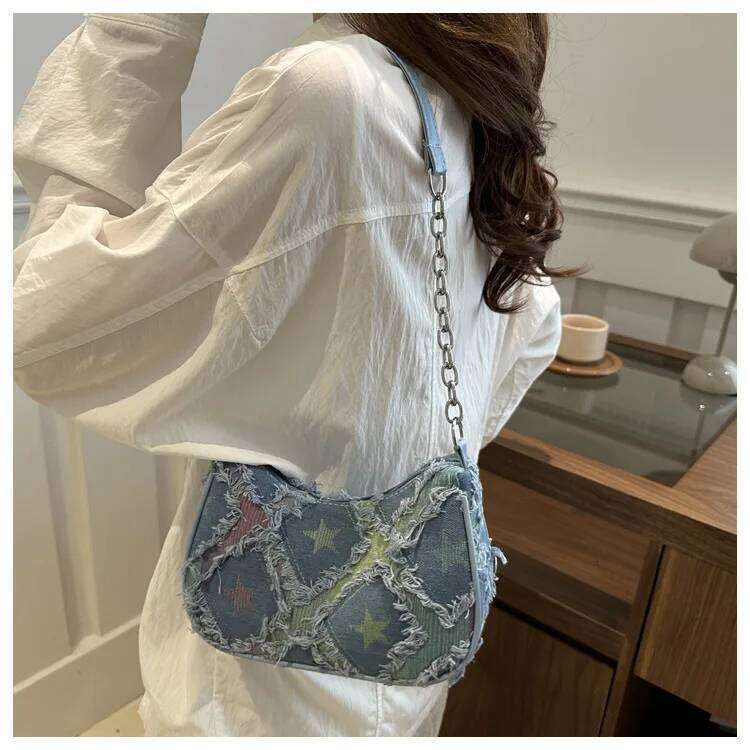 Casual Star Denim Shoulder Bags for Women Plaid Tassel Cool Hot Girls Underarm Phone Bag Fashion Versatile Female Handbags Y260205