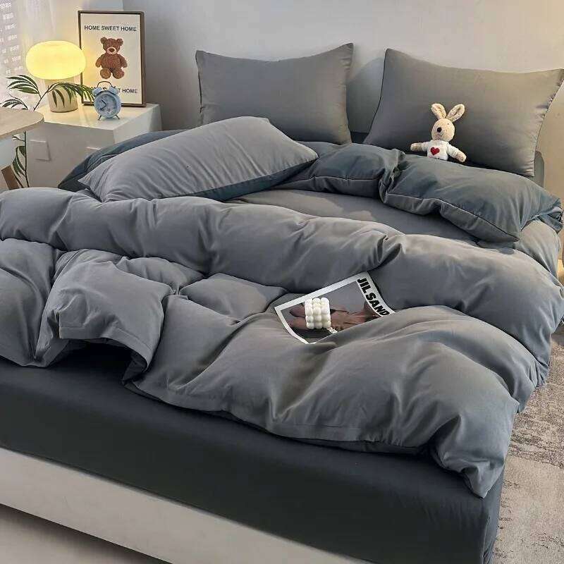 2025 new skin-friendly and comfortable washed cotton simple striped plaid color four-piece set, bed sheet kit XJ260206