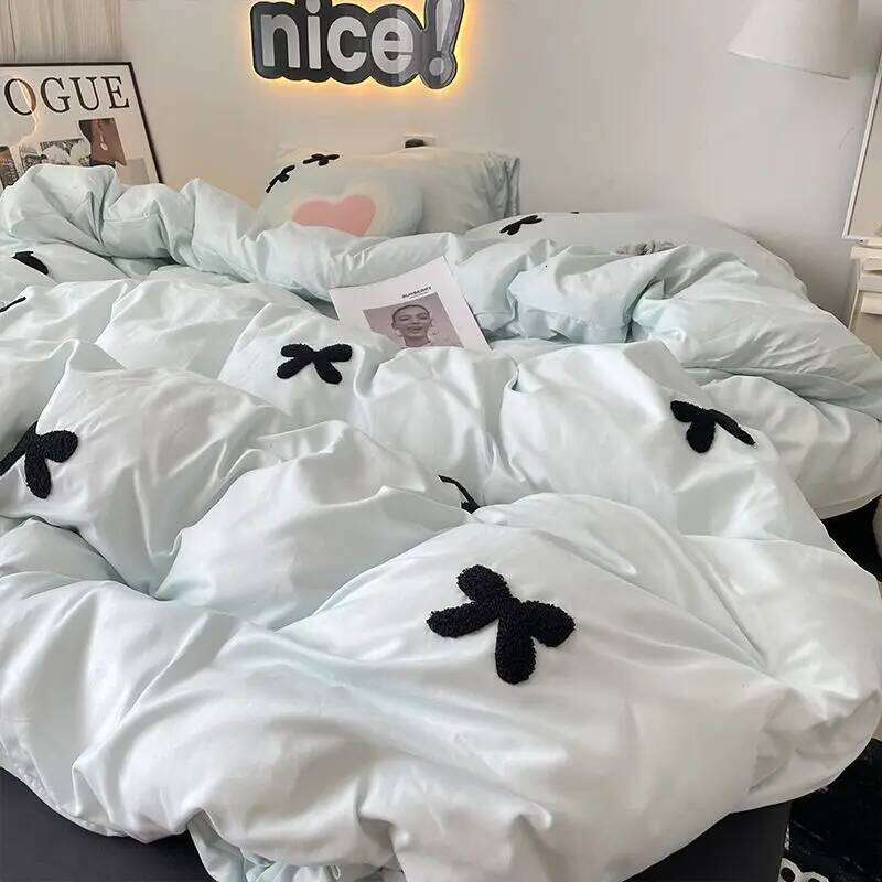 Bedding Set 2024 New Ins Style Minimalist Blue Washing Cotton black bow towel Embroidered Four PIECE Set, 1.5 Bed Sheets XJ260206
