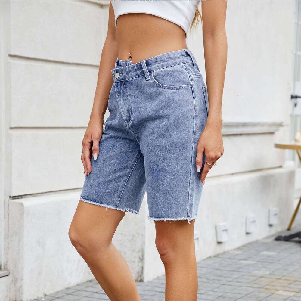 Irregularly Waisted Women's Denim Shorts. Spring and Summer New Fashion Solid-color Casual Loose Straight-leg Mid-length Jeans XJ260206