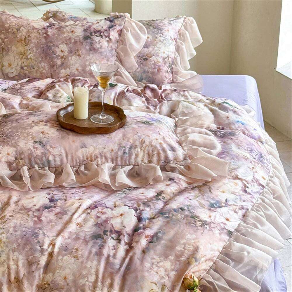 Pink Flower Bedding Soft Bedroom Decor Comforter Ruffles Duvet Cover Pillowcase Bed Sheet Luxury Home Four Pieces Set XJ260206