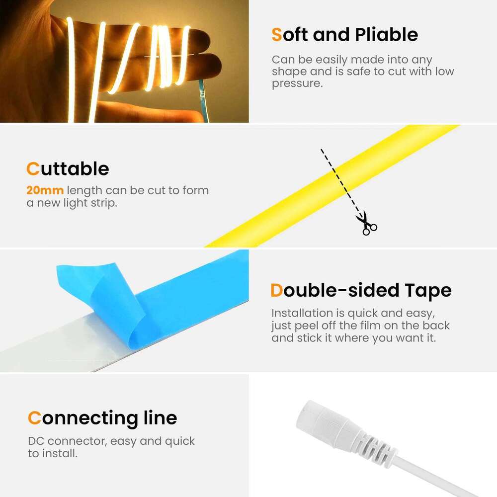 Narrow Width 3MM DC 12V 24V COB Strip 384Leds/M 3000K 4000K 6000K Warm/Natural White Home Decor Flexible Ribbon Rope LED Light Z260206