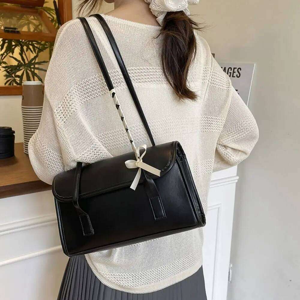 Trendy Sweet Y2k Bow Ribbons Shoulder Bag Large Capacity Portable Girls Handbag Solid Color Pu Leather Underarm Travel Y260205
