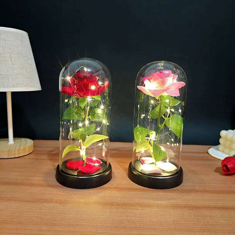 Artificial with LED Eternal Glass Cover Simulating Rose Ornaments Family Wedding Decoration Christmas Valentine Gift S260204