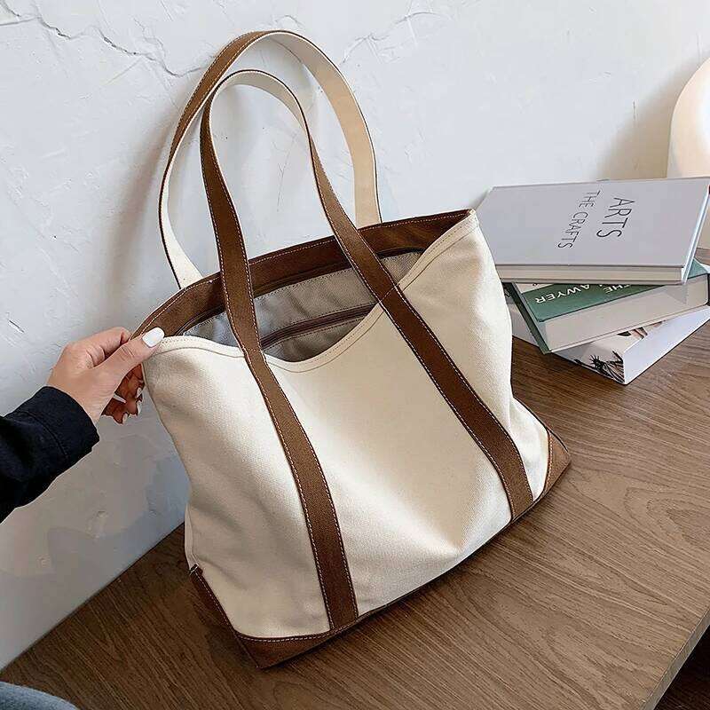 Simple Canvas Women's Handbag Zipper Shoulder 2022 Fashion Striped Strap Large Capacity Ladies Square Tote Shopping Bag Y260204