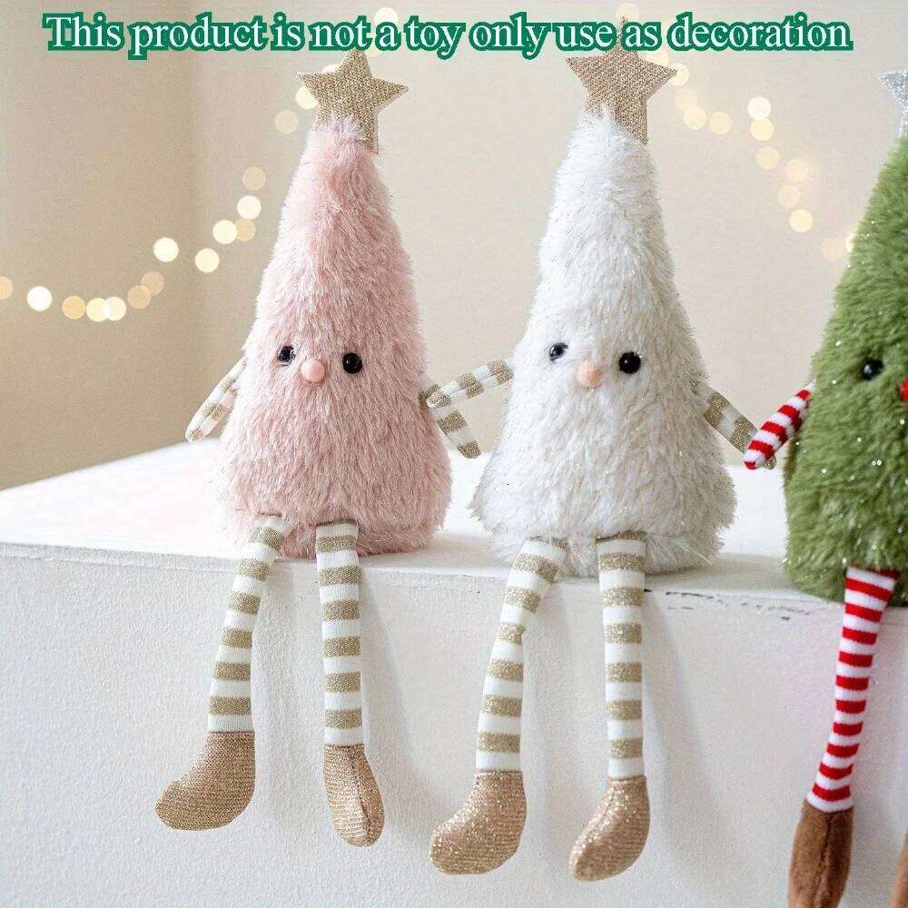 Cute Plush Christmas Tree Figurine Pendant with Stars & Striped Socks Pink,White Green Fabric Holiday Decor for Home Living Room S260204