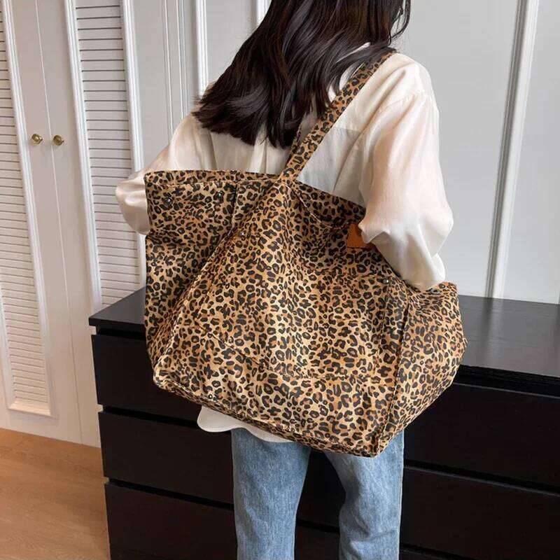 Leopard Pattern Tote Vintage Canvas Shoulder Bag Fashion Big Capacity Handbag For School Work Shopping Y260204
