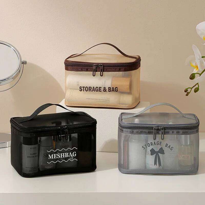 New Mesh Cosmetic Translucent Large Capacity Travel Storage Zipper Lightweight Toiletry Bag Y260206
