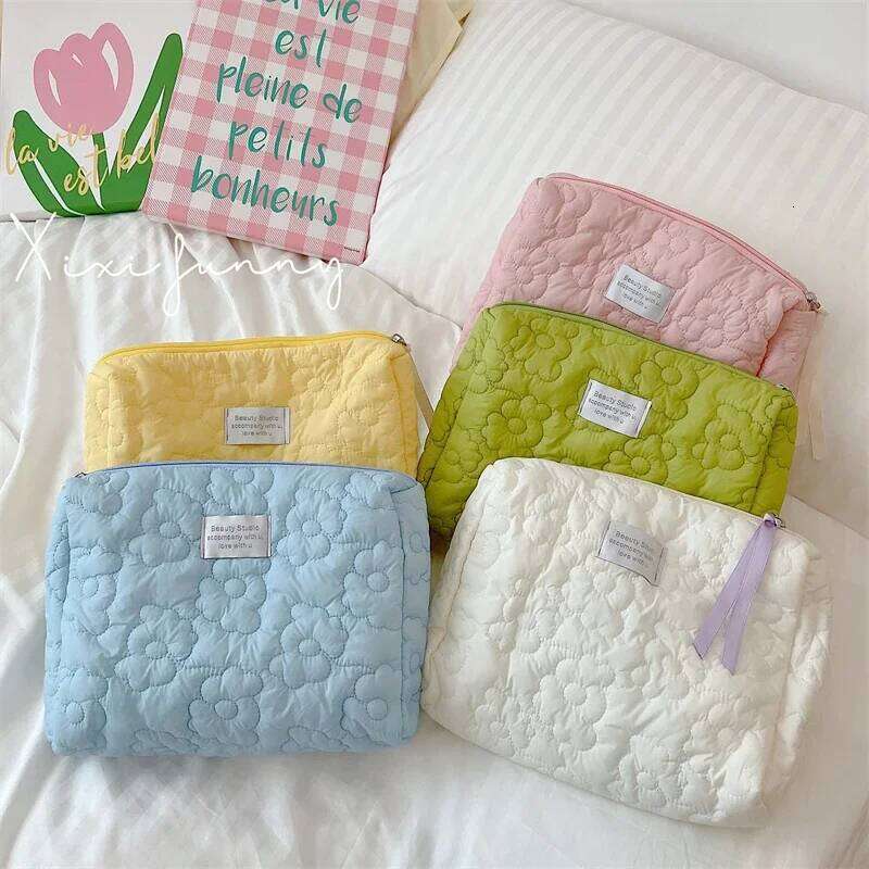 Women 5 Colors Flower Cosmetic Quilted Cotton Soft Case Pouch Zipper Large Toiletry Bags For Girl Travel Makeup Bag Y260206