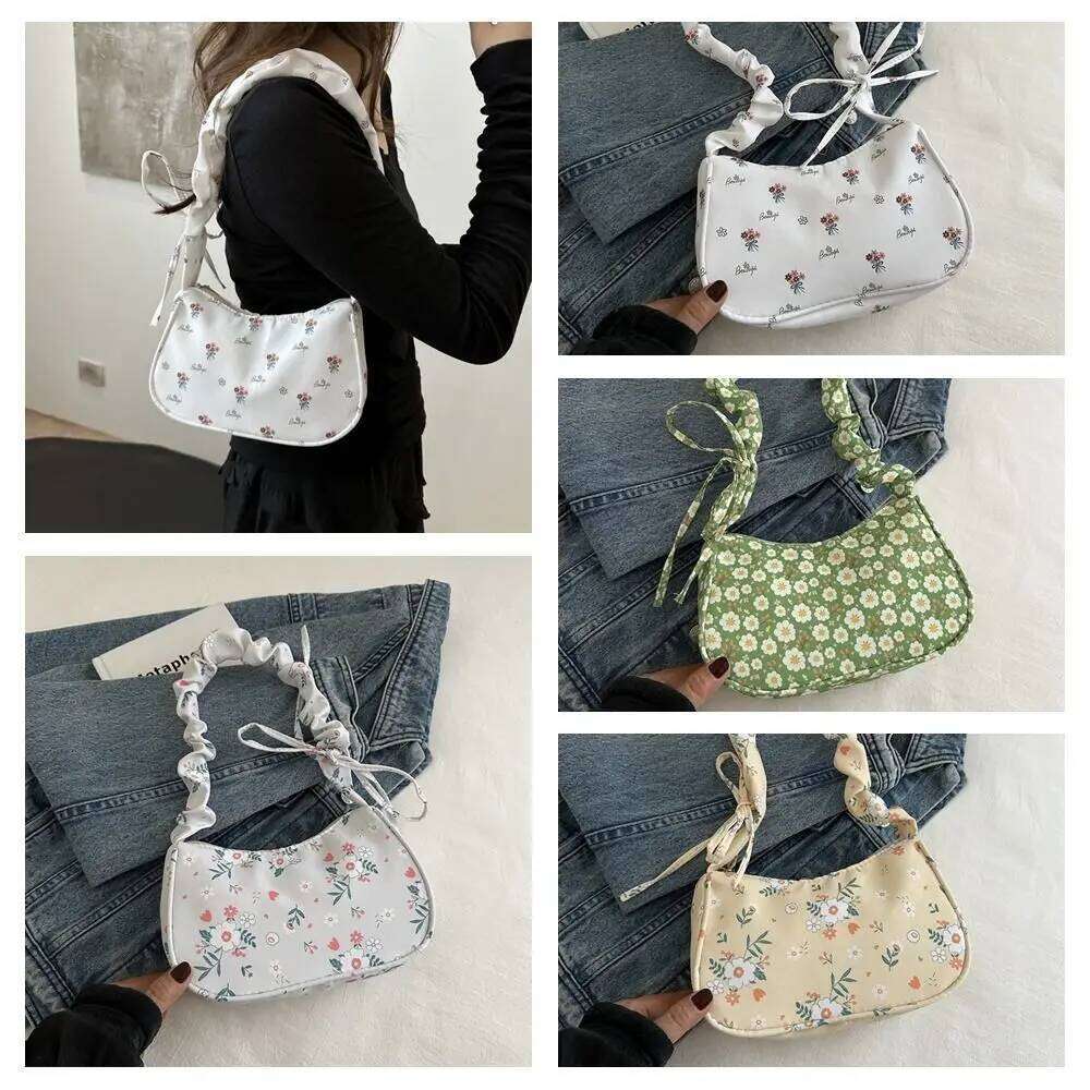 Flower Pattern Printing Shoulder Large Capacity Bow Sweet Canvas Underarm Wrinkle Lovely Tote Bag Travel Y260205