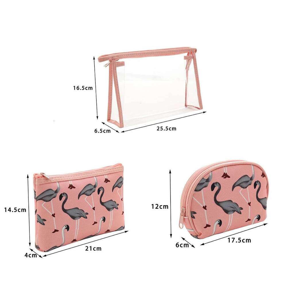 Three piece flamingo makeup Waterproof transparent PVC wash Fashion cartoon portable storage bag Y260206
