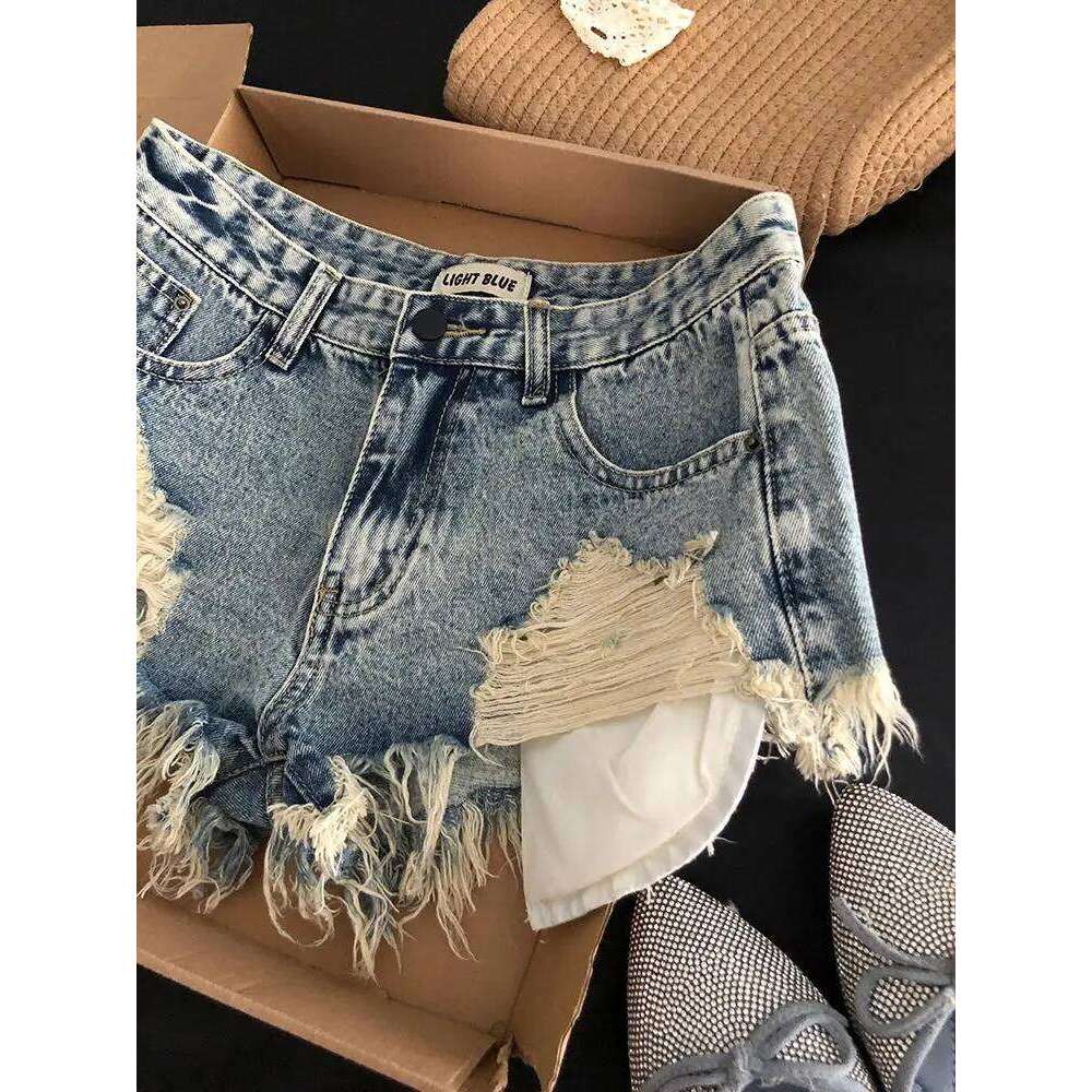 Ripped Jeans Shorts Women's Retro Pockets Fringed Rough Edge Design Y2k Slim-fit Hip-wrapped Super Short Hot Pants XJ260206