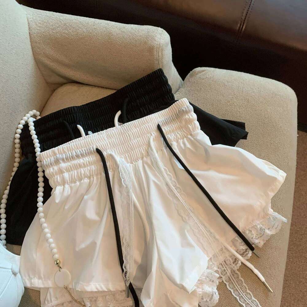 Women's Patchwork Fake Two-piece Lace High Elastic Waist Drawstring A-shaped Casual Shorts Pants XJ260206