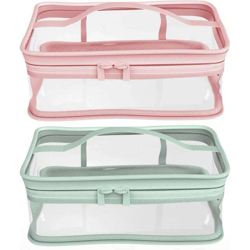 Portable Travel Waterproof Storage 2 Pieces PVC Zipper Makeup Bag Pink and Green Two-Tone Model Y260206