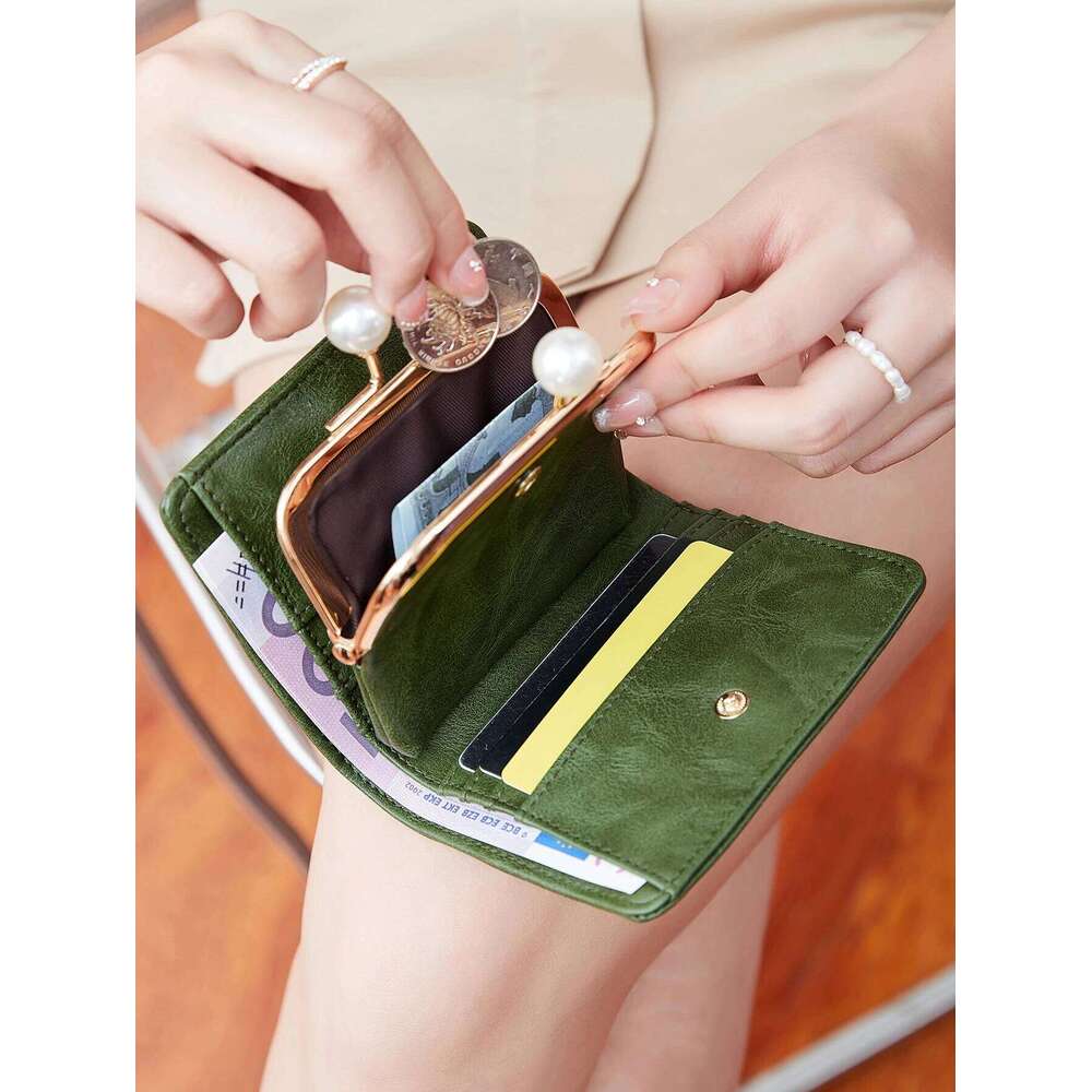 Women's Cute Pearls Kiss Lock multifunctional Trifold Large Capacity Short Wallet fashion PU Leather Coin ZeroWallet Y260206