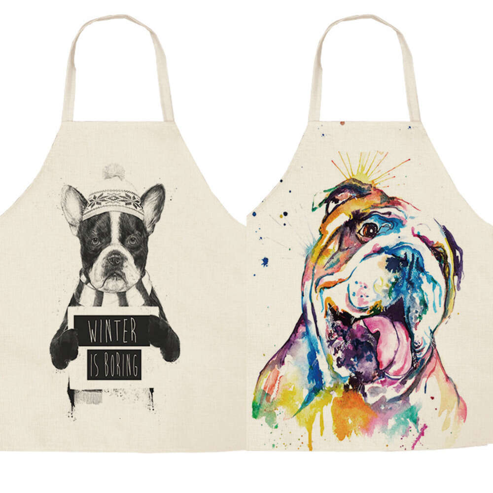 1 Pcs Cotton Linen BullDog Dog Print Kitchen Aprons Unisex Dinner Party Cooking Bib Funny Pinafore Cleaning Apron S260205 eb3