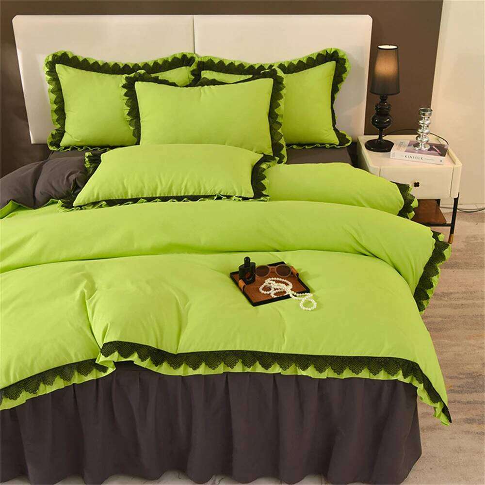 Princess Style Bedding Ruffle Duvet With Lace Soft Four Piece Set Quilt Cover Bed Skirt Pillowcase Girls Bedroom Decor XJ260206