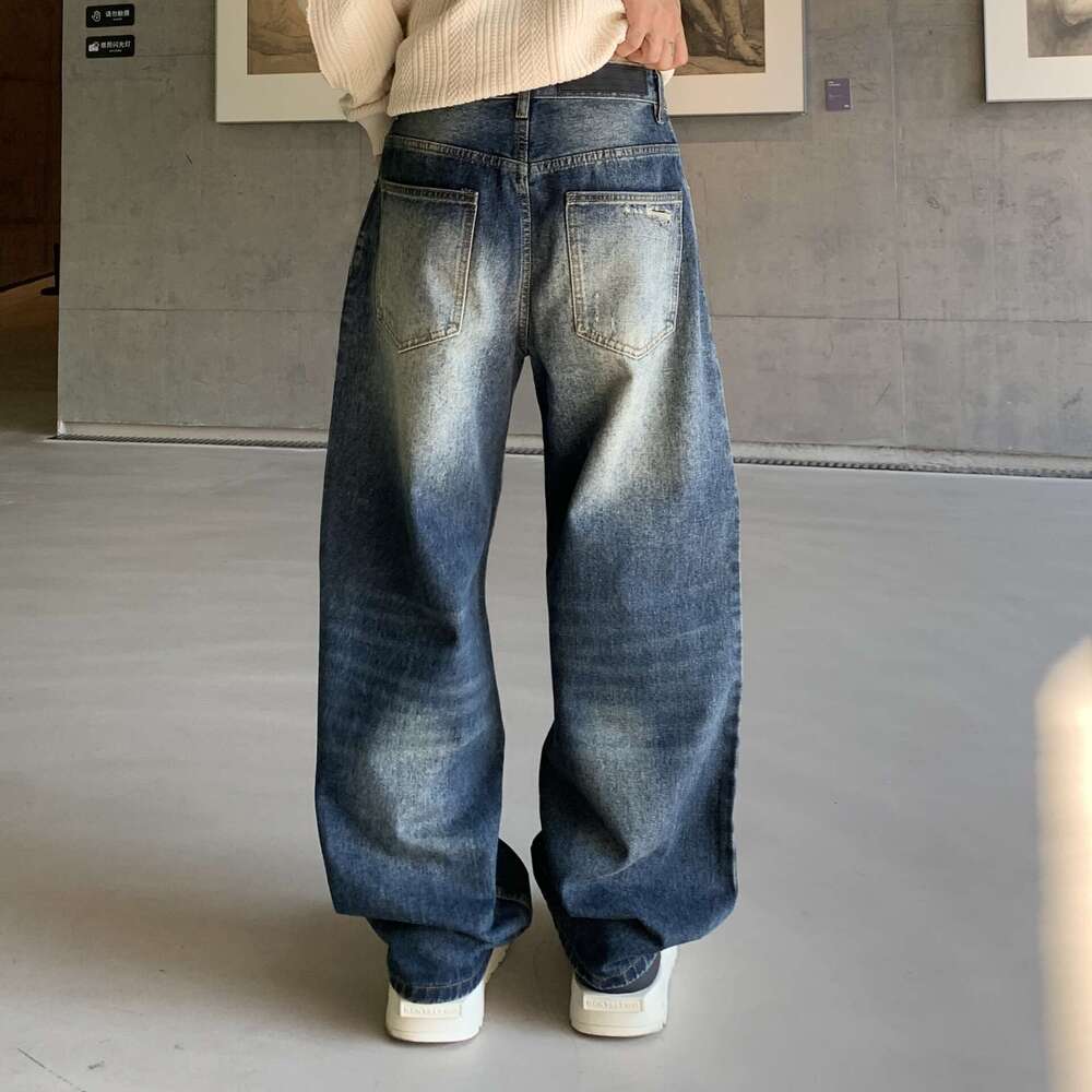Letter embroidery straight-leg denim pants for men - new autumn style, high street design, loose and wide fit, floor-length, trendy L260127
