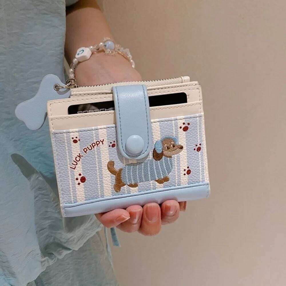 Korean Style Dachshund Embroidery Short Wallet Dopamine Color Cartoon Dog Card Bag Zipper PU Coin Purse Women Girl Y260206