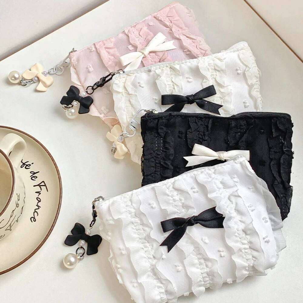 Cute Women Makeup Mini Korean Lace Bow Portable Coin Purse Small Pouch Handbag Kawaii Female Cosmetic Storage Zipper Bag Y260206