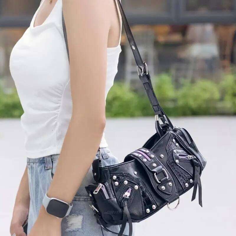 X5XA Punk Evening Bag Retro PU Leather Shoulder Purse With Studs Large Capacity Underarm Bags for Women and Girls Z260207 - view 4