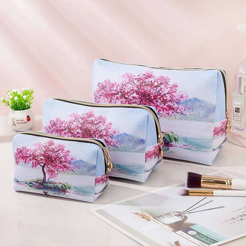 Oil painting style waterproof PU cosmetic Fashionable large capacity portable storage Multi functional makeup bag Y260206