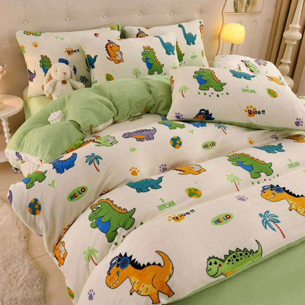 Cartoon Print Milk Velvet Soft Four-Piece Thickened Winter Warm Duvet Quilt Cover Bed Sheet Pillowcase Bedding Set XJ260206