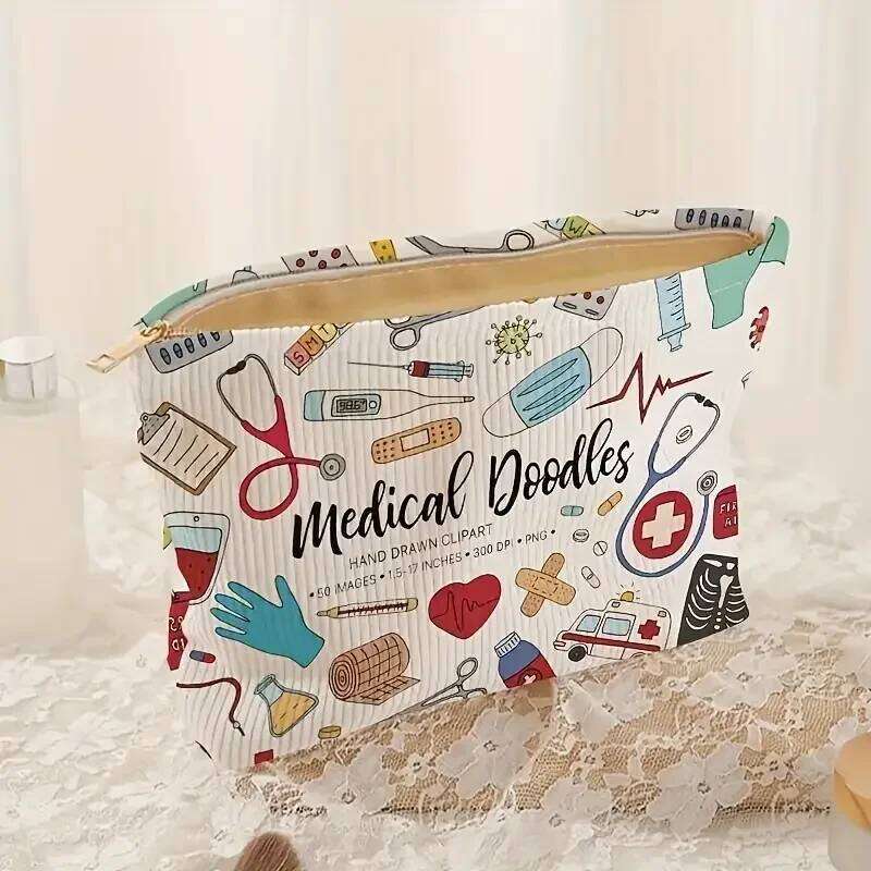 Medical Graffiti Printed Corduroy Bag, Lightweight Zipper Makeup Storage Box, Multi functional Bag with Lining Y260206