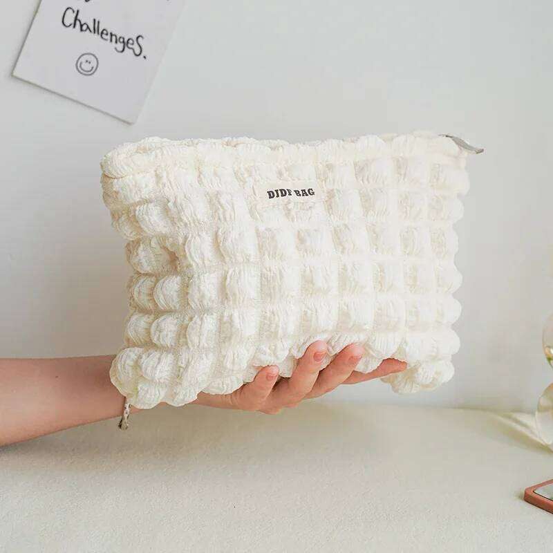 Beige Soft Cloud Bubble Women's Makeup Double Canvas Portable Cosmetics Storage Large Capacity Zipper Toiletry Bag Y260206