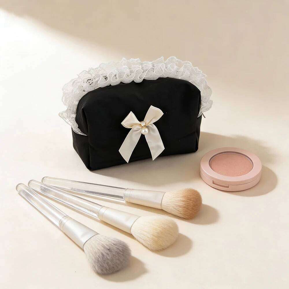 Lace Bow Pearl Mini Organizer Women's Bags Makeup Cute Lipstick Pouch Skincare Small Cosmetics Bag Y260206