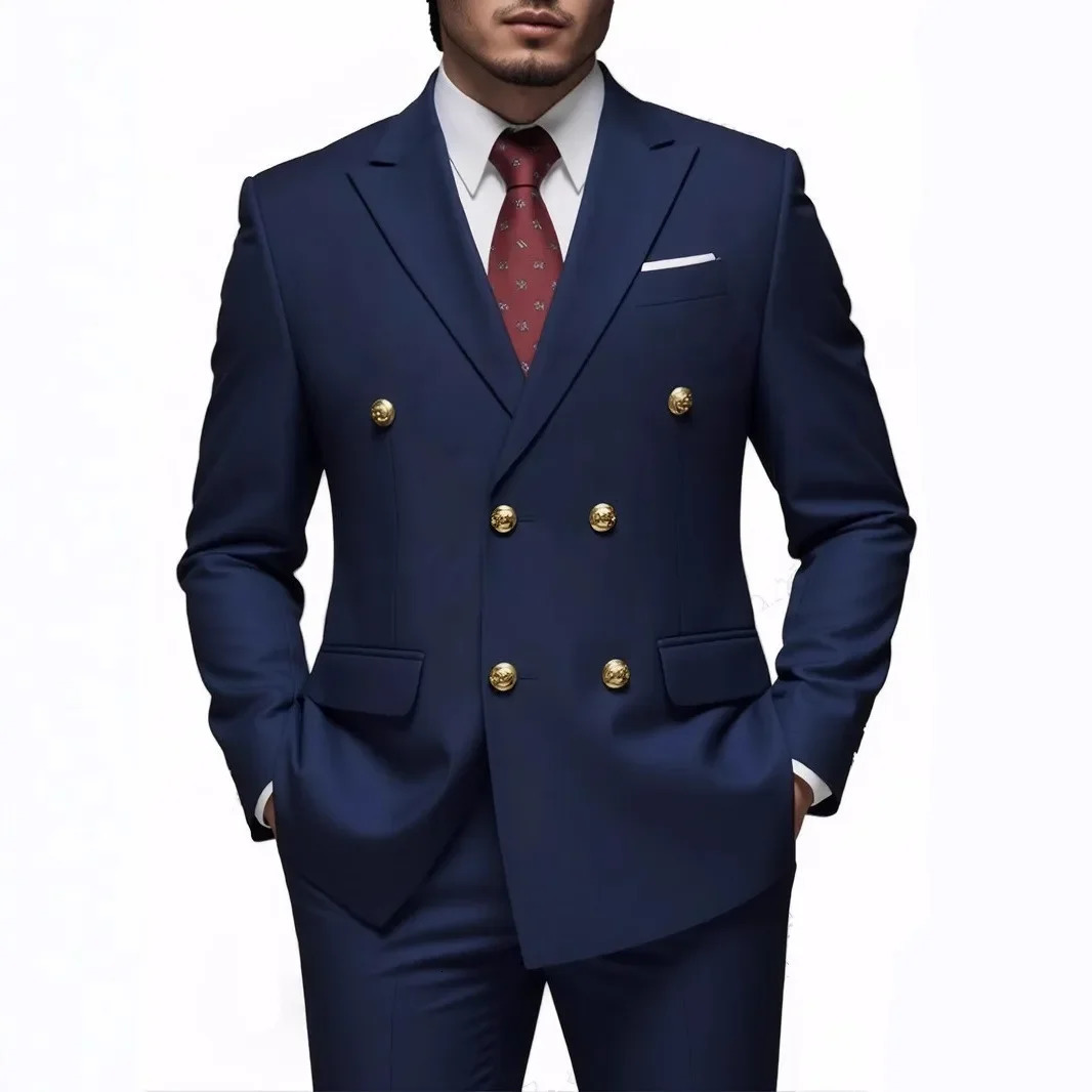 Men Double Breasted Suit Black Slim Fit High Quality Wedding Costume Party Prom Gold Button Male Suits 260126